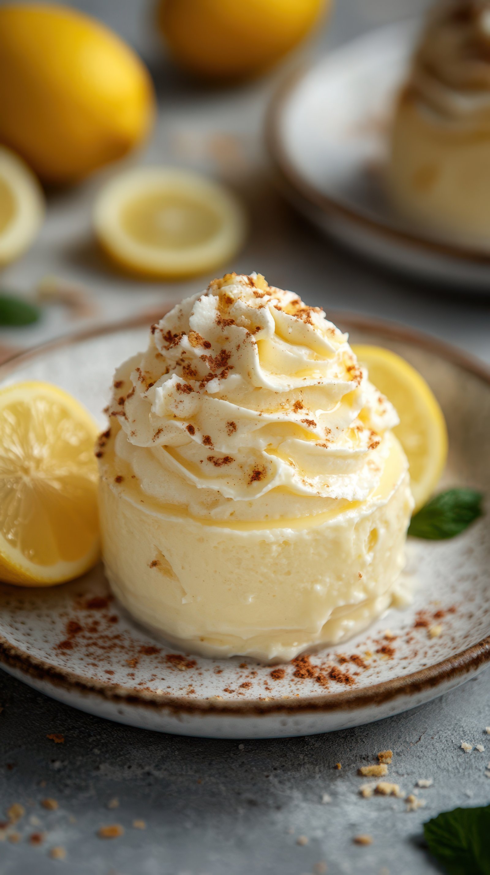 Creamy lemon dessert topped with whipped cream and crushed cookies at a cozy kitchen setting